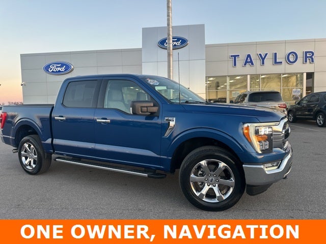 2022 Ford F-150 XLT in Atlas Blue Metallic — front three-quarter view